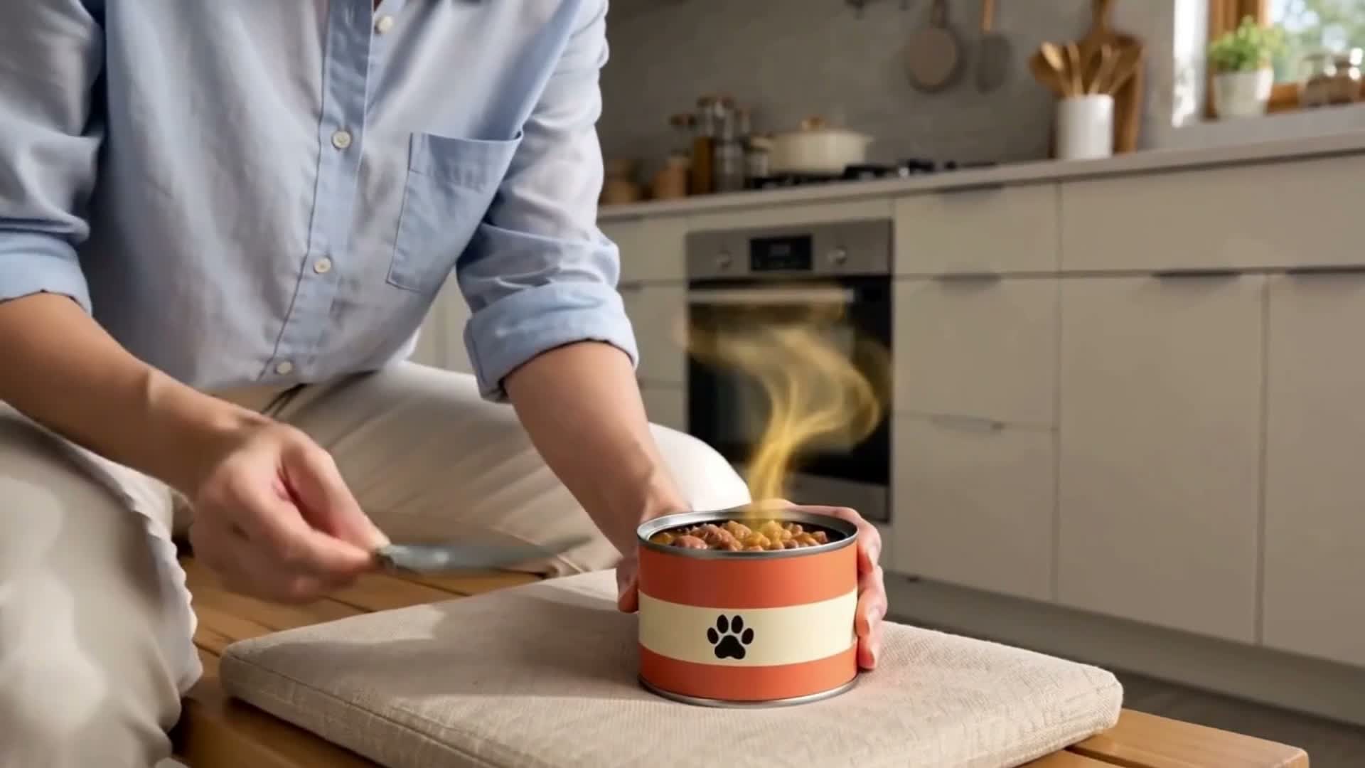主人在明亮厨房打开橙色狗罐头，呈现罐内食物